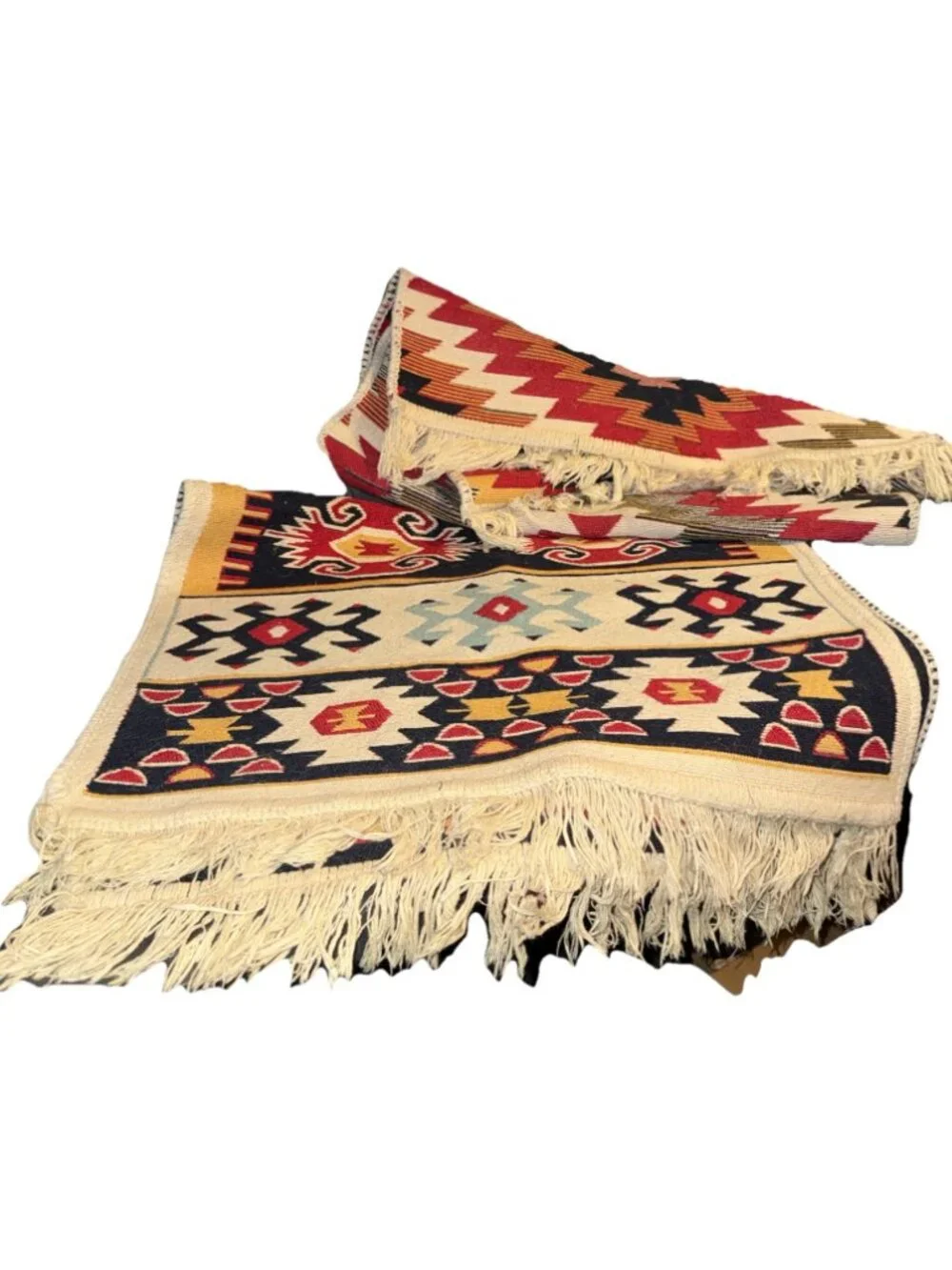 Aztec Indian Mat Rugs (2) Hand Woven Wool Reversible Multicolor 33.5”L x 21.5”W